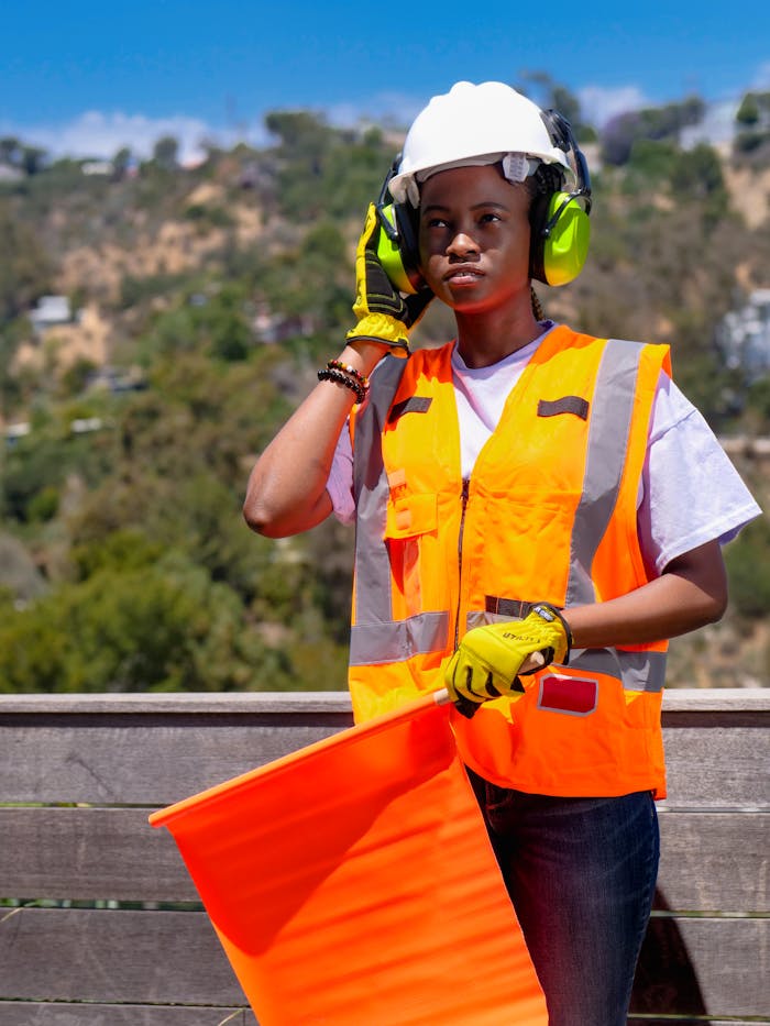 Woman in safety gear with a traffic cone, outdoors on a sunny day.